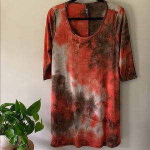 Travel knit trapeze dress red brown tie dye EUC